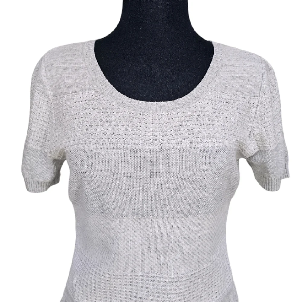 OST Cotton Pointelle Knit Gray White Short Sleeve Split Hem Light Boho Sweater